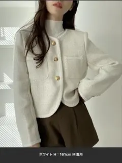 ホワイト M ツイード風ショートジャケット