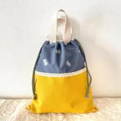 入園　入学　大きめ巾着　お着替え袋　ラメちょうちょ イエロー　帆布　ハンドメイド