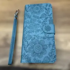 青い花柄手帳型スマホケース