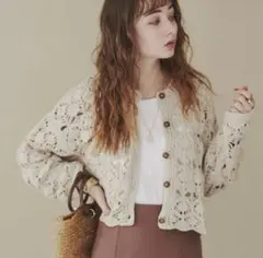 かぎ編み風 レースカーディガン アイボリー ショート丈 ナチュラル　クロシェ編み