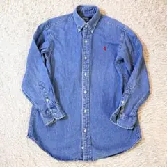 【美品】ポロバイラルフローレン デニム 長袖シャツ ポニー ロゴ刺繍 濃いめ