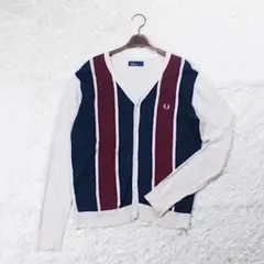 シルク《FRED PERRY》ストライプ カーディガン(L)アイボリー リーフ