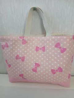 ハンドメイド　入園入学準備　レッスンバッグ　ピンク水玉　リボン柄