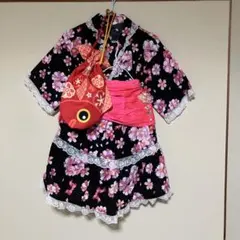 浴衣ドレス 130cm 女の子 桜柄 黒×ピンク セパレート 4点セット