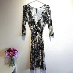 【美品】ジャネット janette アメリカ カシュクール ワンピース 白黒 柄