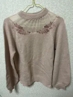ピンクベージュ 花柄刺繍 シアー切替ニット 長袖 ガーリー One way