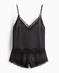 H&M/ レーストリム サテンパジャマ セットアップ ブラック Mのサムネイル