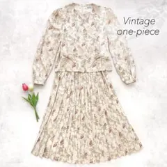 美品 ヴィンテージ ロングワンピース プリーツ リボン 花柄 ベージュ 長袖