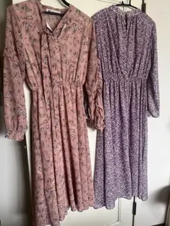 韓国ワンピース 花柄 ロングワンピースくすみピンク&ラベンダー２着セット