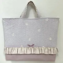 レッスンバッグ　【紫お花ヌビ×くすみピンク】　女の子　紫　ピンク　手提げ　絵本袋