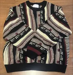古着 総柄ニット 柄ニット 立体編み風 ブラック ボルドー ヴィンテージ風