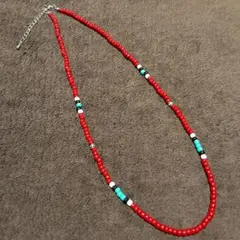 レッド ターコイズ メタル ビーズネックレス 50cm−55cm 4mmビーズ