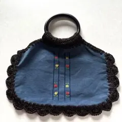 刺繍付き青ハンドバッグ 森ガール　フェアリーグランジ　y2k 昭和レトロ