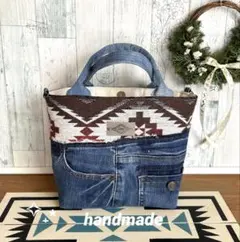 オルテガ柄(ブラウン)♡デニムリメイクトートバッグ