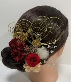 735.成人式　卒業式　水引髪飾り　プリザーブドフラワー