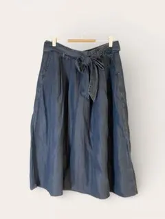 ダークブルー デニム リボン付きフレアスカート