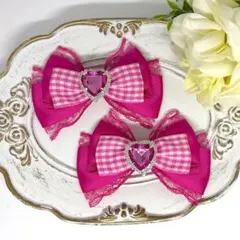 リボン♡ヘアクリップ♡量産型♡地雷系♡サテンチェック2マゼンタ