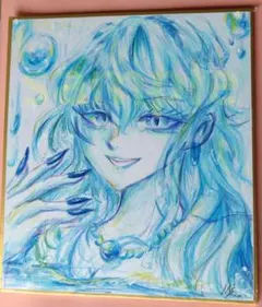 水の女性　手描きイラスト　ミニ色紙