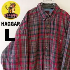 USA古着 HAGGAR　ネルシャツL　レッドモスグリーン　チェック