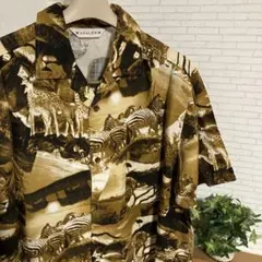 総柄シャツ　オープンカラーシャツ　アロハシャツ　サバンナ　ライオン　シマウマ