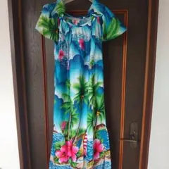 アロハ　ハワイアンプリント ノースリーブ ロングワンピース