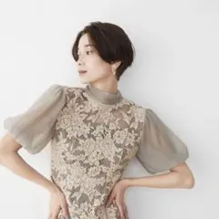 ラグナムーン　LADYジャガードレースフレアワンピース　パフスリーブ　ベージュ