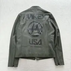 【美品】アヴィレックス　レザージャケット　カーキ　刺繍　ロゴ　やぎ革　ライダース