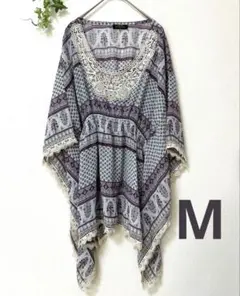 ラグジュアリーなレース付きチュニック M パープルブルー 青紫