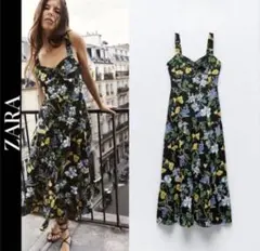 ZARA フラワープリントミディワンピースM