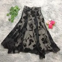 美品✨【Mystrada】リリーフロッキースカート (34) 黒 花柄 シアー
