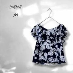 【イング】ブラウス 総柄 花柄 フラワー 上品 大人女子 紺ネイビー M