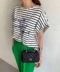 DOUDOU ボーダー 半袖 Tシャツ パールネック ロゴ入りのサムネイル
