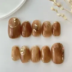 【現品】カフェ　ブラウン　ニュアンスネイル　シェル　大人可愛い　ミラーネイル