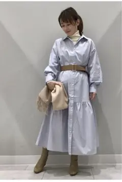 GU ギャザー切り替えシャツワンピースBLUE/XL