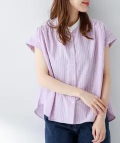 美品✨　ラベンダー❤️　サニーレーベル　ロープドビーコットンストライプブラウス