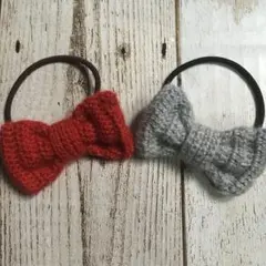 手編みリボンヘアゴム    赤×グレー  2個セット