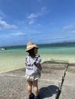 フリル付きブルーグレーシャツ かぼちゃパンツ　95