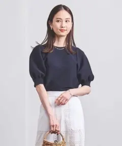 UNITED ARROWS P パフスリーブ ガーター ニット ※ネイビー