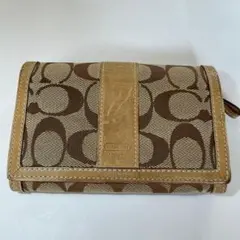 【良品】COACH コーチ 二折り財布 シグネチャー ベージュ ブラウン 鑑定済