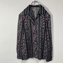 ヴィンテージ　花柄　ストライプ　レトロ　開襟　ニット　長袖シャツ　古着のサムネイル