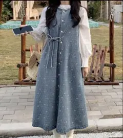 シーイン　FRIFUL リボン柄デニムジャンパースカート　L