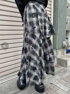 MURUA フロッキーチェックロングスカート ブラック