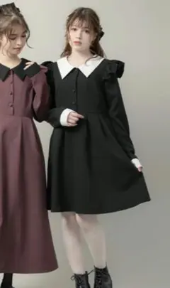 夢展望　DearMyLoveRose　配色角襟肩フリルワンピース　Lサイズ