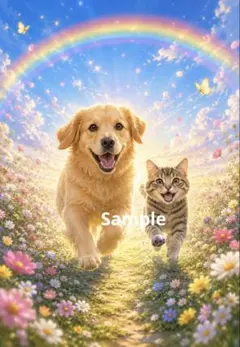 ゴールデンレトリバー 猫 デジタルアート イラスト ポストカード
