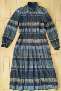 【古着】　チェック柄ワンピース　ロングワンピース　ブルー　青