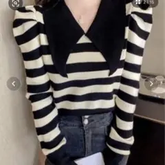 Loueme トップス ビッグカラー ボーダー パフスリーブ ニット