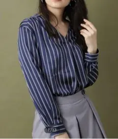 INDIVI ネイビー ストライプ Vネック 長袖シャツ 36