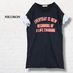 NICORON☆袖フリル ロゴプリント ロングTシャツ チュニック【F】ブラックのサムネイル