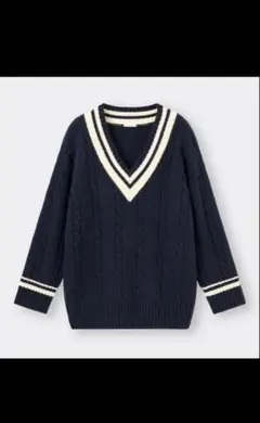 ネイビー Vネック ケーブル編み ニット