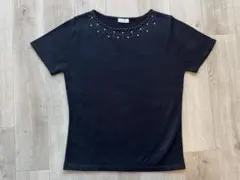 ビジュー付き ブラックニット 半袖 M
